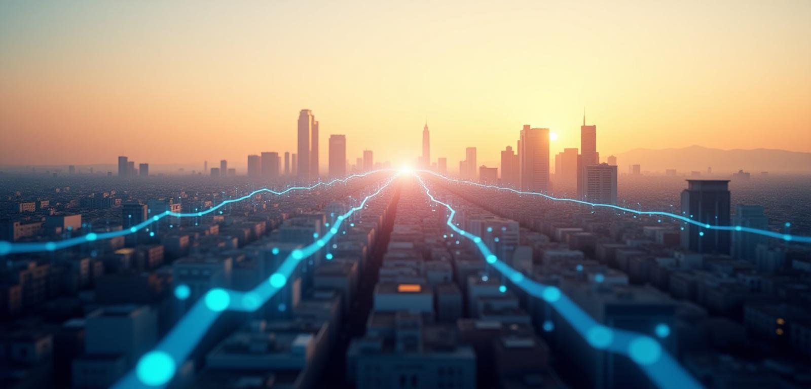 Panorama moderno di Milano con connessioni digitali sovrapposte