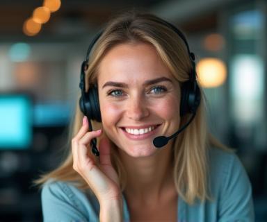 Operatore assistenza tecnica sorride al telefono